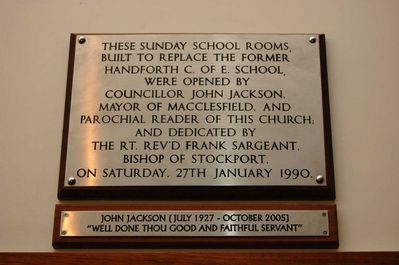 Dedication of a plaque in rememberance of the life and service of John Jackson
The new plaque beneath the plaque commemerating the opening of the church rooms by John Jackson in the year he was Mayor of Macclesfield (1990).
