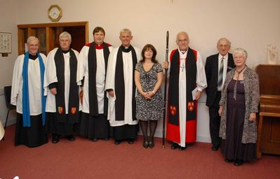 Induction Service - 9th September '08
(l-r) Jim Lethbridge, Archdeacon of Macclesfield, Revd. Rob Munro, Revd.Steve Burmester, Jo Burmester,Bishop of Chester, Rodney Searle & Pat Worthington 
